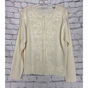 Vtg Wool Karen Scott Hand Embroidered Floral Oversized S Ivory Granny‎ Cardigan